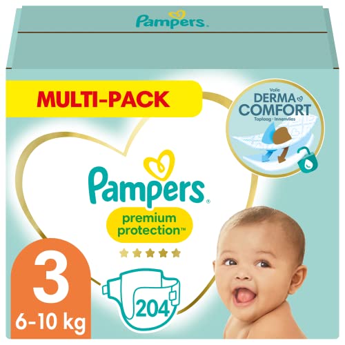 Pampers Premium Protection Taille 3, 204 Couches, 6-10kg Pack 1 Mois