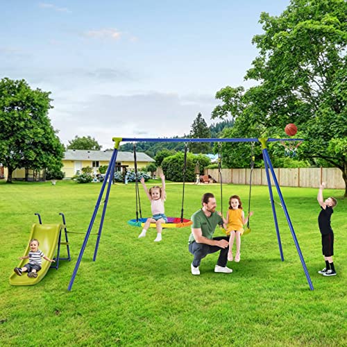 image for Maxmass Kids Swing Set, 4-in-1 Metal Swing Frame with Adjustable Sauce