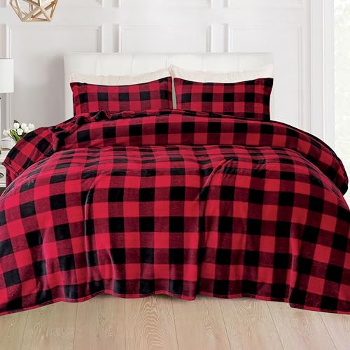 Elegant Comfort Luxuriously Soft 4-Piece Velvet Plush Flannel Sheet Set - Premium Quality - Cozy Warm, Anti-Static, Non Pilling Fuzzy Velvet Flannel Fleece Deep Pocket Sheet Set - Queen, Buffalo Red