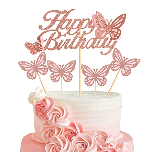 Decoración de Pastel de Mariposas, Topper Mariposas, Cake Topper Mariposas, Decoración para Tarta con Mariposas de Oro Rosa, Decoración para Tarta de Perlas para Niñas y Mujeres, Decoración de Fiesta Cover