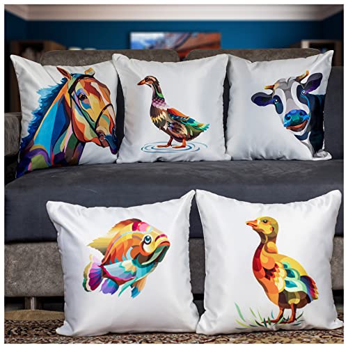 Image of Decorative Satin Sofa Cushion Covers Set of 5, 24 Inch x 24 Inch, Sofa Pillow Cover, Ethnic Festive, Multicolor, Animal Design, Zipper Closure (Herds, 24X24 Inches)