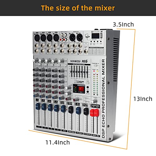 Senwosi 6-Channel Audio Mixer,Bluetooth Usb Pc Recording Input,16 Dsp Effects,48V Power,4 Mono 2 Stereo Input Soundboard Audio Mixtape Stereo Equalizer,For Studio Or Live (Mx-6) #TOP5