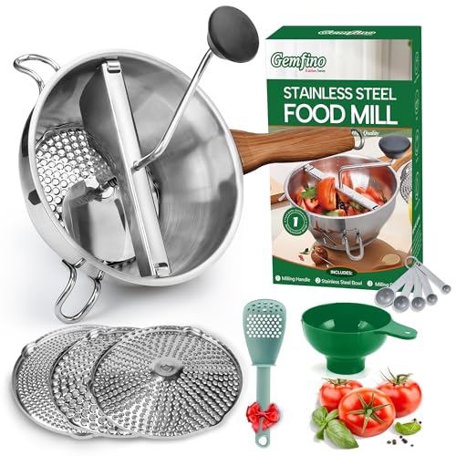 Stainless Steel Food Mill With 3 Milling Discs,Ergonomic design Rotary hand crank,Wood Grain Handle Food Mills For Tomato Sauce,Potatoes,Jams,With Funnel,Multifunctional Spoon,Blue MW-N02