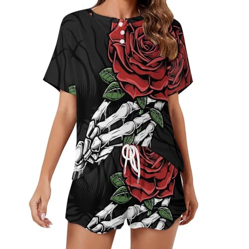 Pyjama femme manches courtes Tête de Mort Rose vêtement de nuit léger et respirant pour l'été
