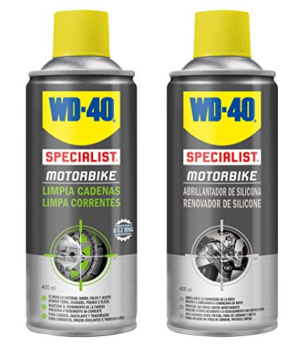 WD-40 Specialist Motorbike – Lote para limpieza de la cadena y acabado y brillo perfecto del carenado con Spray Limpiacadenas 400Ml + Abrillantador de Silicona 400Ml - Pack 2 unidades
