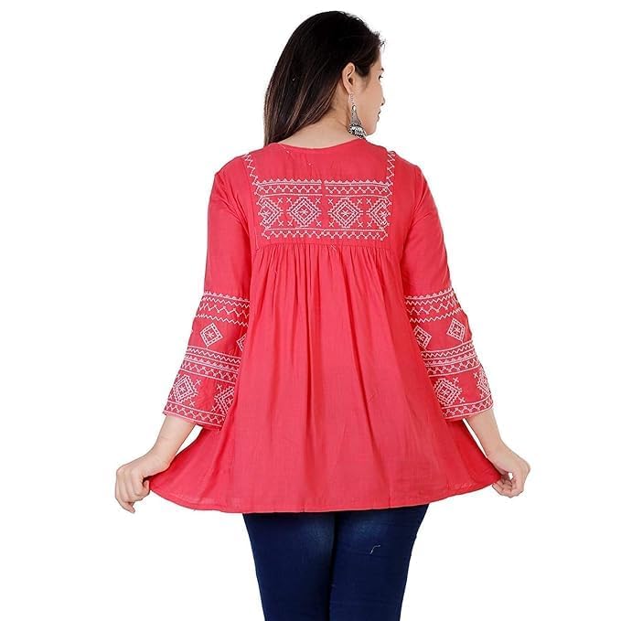 Image of Avayayat Women's Rayon Classic Heavy Embroidery Top with Beautifull Tassels at Front and on Both Sleeves Regular Fit Office Wear Festival Tunic Jeans Summer