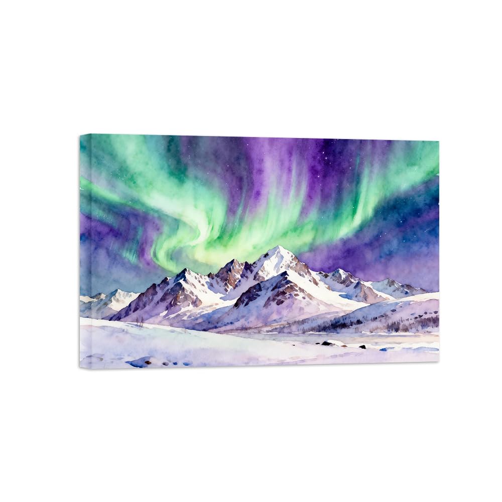 OZPWBVY Purple Green Aurora Landscape Canvas Prints Ready to Hang 70x105cm Wrapped Canvas