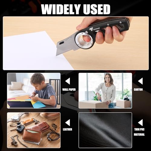 Image of Tondiamo 2 Pcs Folding Pocket Utility Knife Heavy Duty Box Cutter Folding Razor Knife with Anti Slip Finger Loop Easy Change Blades 3 Lock Positions Design (Black)