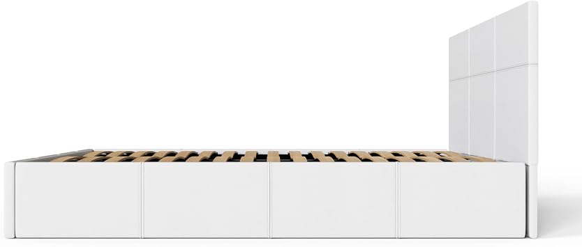 GFW End Lift Double White Upholstered Fabric Ottoman Bed Frame, Storage Bed with Hydraulic Lift and Stitched Headboard