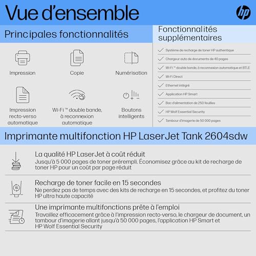 HP Laserjet Tank 2604sdw Imprimante Laser multifonction et Chargeur automatique de documents Photocopie Scan Impression rectoverso automatique A4 HP Smart AirPrint Wifi - vue 9