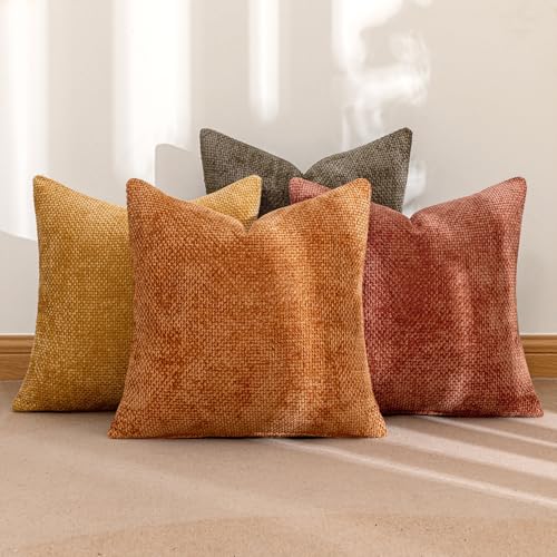 Image of MIULEE Pack of 4 Orange /Yellow Couch Throw Pillow Covers 20x20 Inch Halloween Soft Decorative Chenille Pillows Farmhouse Accent Cushions for Boho Home Decor Spring Sofa Bedroom Living Room