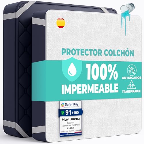 Protector Colchón 90 x 190 cm Funda Colchón Impermeable de Algodón Sábana Impermeable Protectora para Cama Cubre Colchón Transpirable Cover Hipoalergénico Antiácaros Antibact. Lavable a Máquina