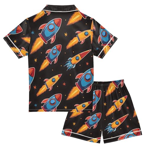 ALAZA Cartoon Star Spaceship Black Pajamas Satin Pajama Set Short Sleeve Button Down Sleepwear2