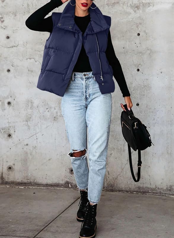 Dokotoo Women's Casual Winter Puffer Vest Sleeveless Cropped Outerwear Warm Lightweight Stand Collar Down Coats with Pockets - Image 3