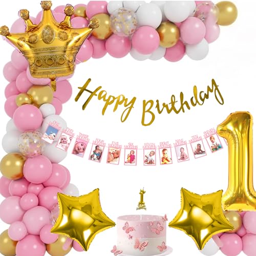 Image of SpecialYou.in 1st Birthday Decoration for Baby Girl with Gold, Pink & White Balloons for Decoration, Crown, Star Foil Balloon, First Birthday Decoration for Baby Girl- 61 Pcs