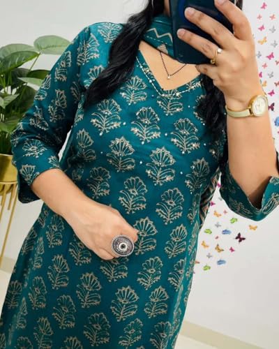 Image of Rangnavi Women's Cotton Trending Straight Kurta with Pants and Dupatta Set | Ethnic Set (Teal)