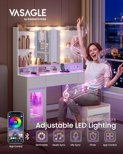 Image of VASAGLE Kailyn Collection - Vanity Desk with LED Lights and Power Outlet, Modern Vanity Table with Light Strip, 3 Drawers, 2 Cabinets, Transparent Top, 8 Storage Shelves, Cloud White URDT145WB03S