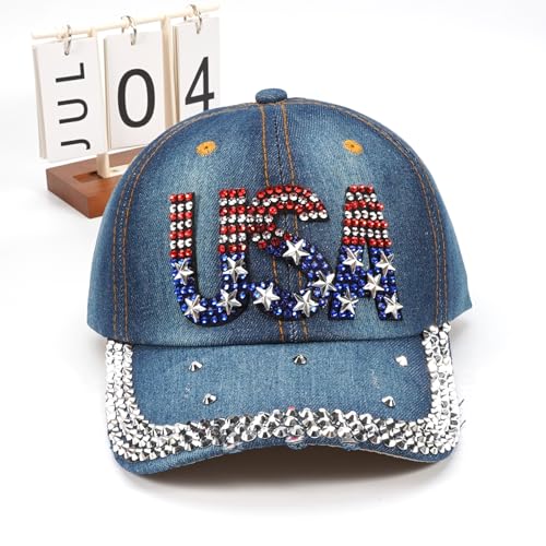 Image of American Flag Caps USA Baseball Caps Bling Sparkle Independence Day 4th of July Hats Adjustable Cotton Stars Stripes Ball Cap