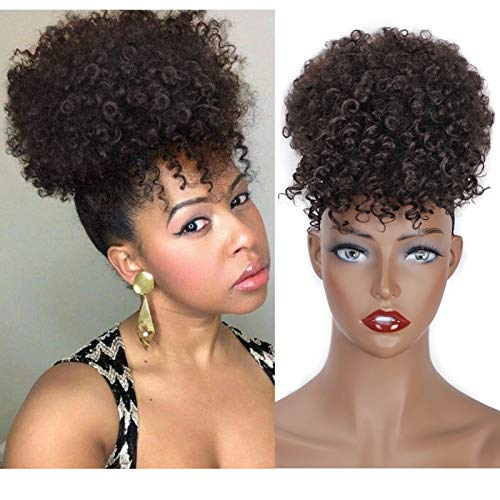 Stamped Glorious Afro Puff Drawstring Ponytail Bun with Bangs Heat Resistant Synthetic Short Kinky Curly Ponytail Updo Hair Extensions with Two Clips,Natural looking Curly Women Hairpieces (2#)