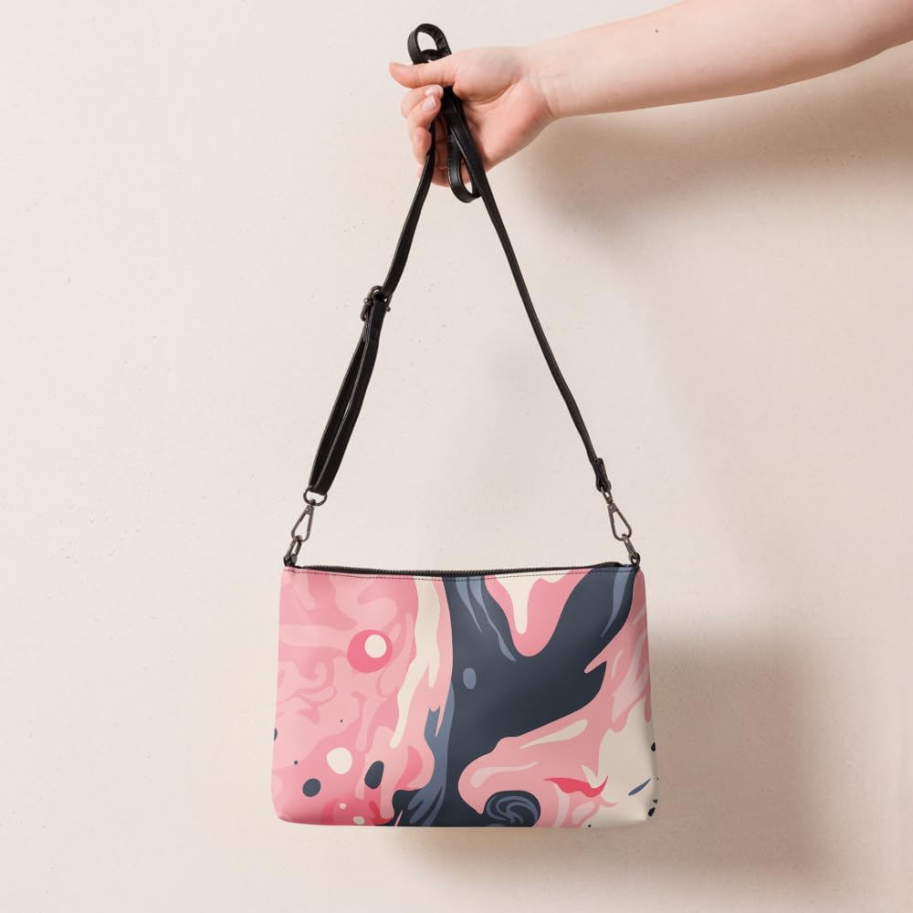 Swirls of Summer Crossbody Bag, Pink and Black Abstract Marbled Design, Adjustable Strap