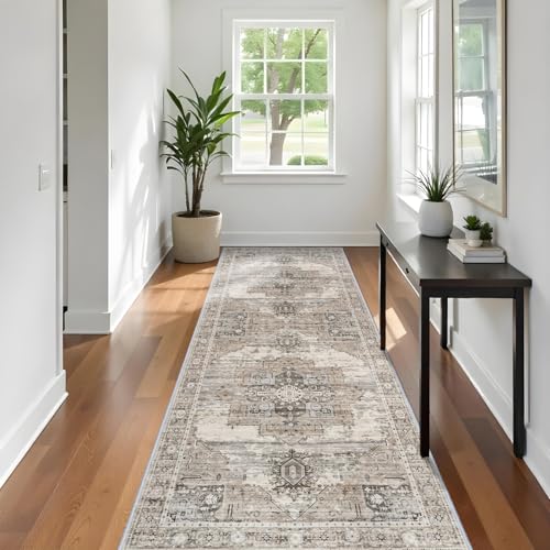 RUUGME Washable Runner Rug 3x10 - Vintage Hallway Carpet Runner for Living Room Kitchen Stain Resistant Rugs Tribal Carpets with Non Slip Backing Floor Decoration Mat for Bedroom Bathroom 3x10 Beige