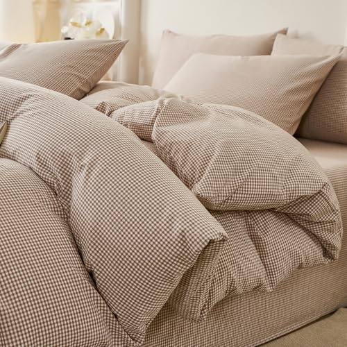 Image of EAVD Tan Plaid Gingham Duvet Cover Full Soft 100% Washed Cotton Reversible Tan and White Plaid Duvet Cover with 2 Pillowcases Farmhouse Ginggham Bedding Set with Zipper Closure