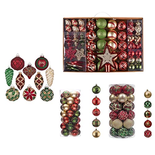Valery Madelyn Traditional Red Green Gold Christmas Decorations Bundle (4 Items) Glass Christmas Ball Ornaments + Christmas Ball Ornaments 3 Set #TOP17