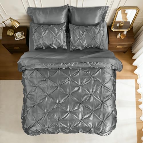 Image of BEDELITE Satin Comforter Set Twin XL Size, 5 Pieces Pintuck Bed in A Bag with Comforter, Flat Sheet, Fitted Sheet, Pillowcases, Shams, Soft Similar to Silk Bed Set for All Seasons (Dark Grey)