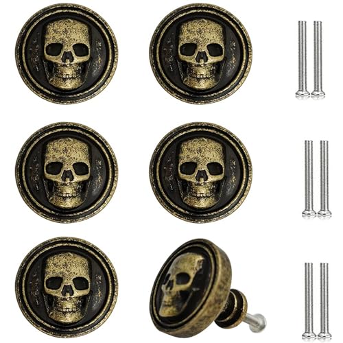 Vivicap - Pomos de calavera con 6 pomos creativos de esqueleto de calavera, perilla de gabinete con base metálica sólida para muebles, tiradores de un solo agujero para cómodas, cajones, armarios (E)