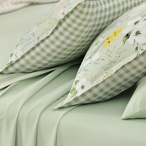Image of Andency Twin 5 Piece Reversible Comforter Set, Floral Gingham Bedding,Sage