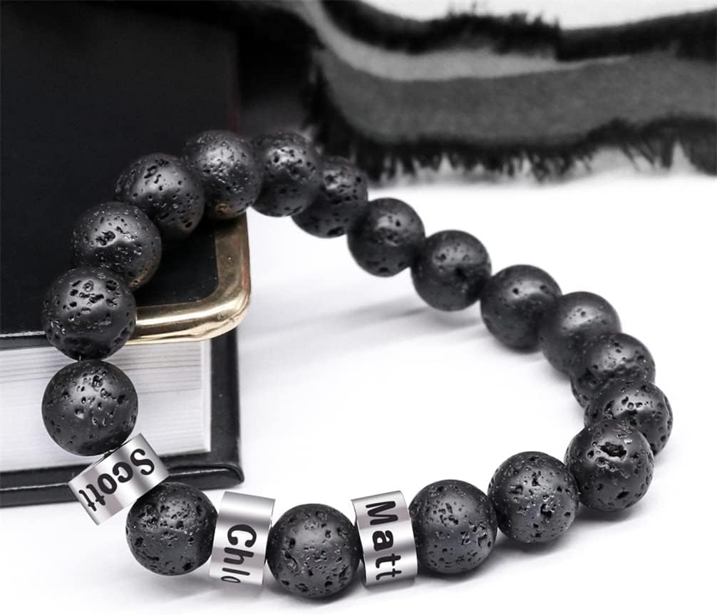 Personalized Stone Beads Bracelets for Men with Name Engraved Lava Bracelet Tiger Eye Custom Family Fathers Day