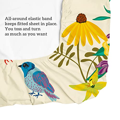 Intomeng Cream Floral Sheets Queen Full Flower Birds Bed Sheets Botanical Branches Patterned Deep Pocket Sheets Set With 2Pc Pillowcases, 1Pc Flat Sheet,1Pc Fitted Sheet Super Soft #TOP4