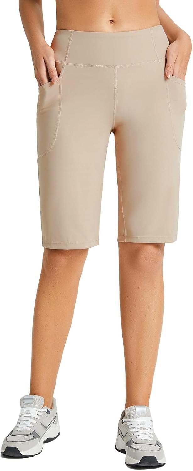 baleaf Women's 12" Bermuda Shorts Long Shorts Knee Length Running Walking Workout Athletic Stretch Pockets Large Khaki