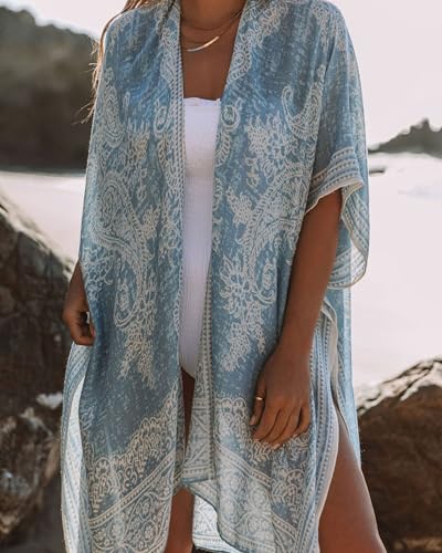 Image of Breezy Lane Women's Kimono Cardigan Summer Swimsuit Coverups Beach Cover Up with Floral Print for Vacation