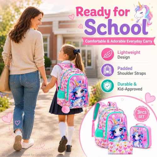 Image of CCJPX 16 inch Unicorn Backpack for Girls, 3Pcs Sequin Bookbag with Lunch Box, Lightweight Toddler School Bag for Elementary Kindergarten Preschool (Pink)