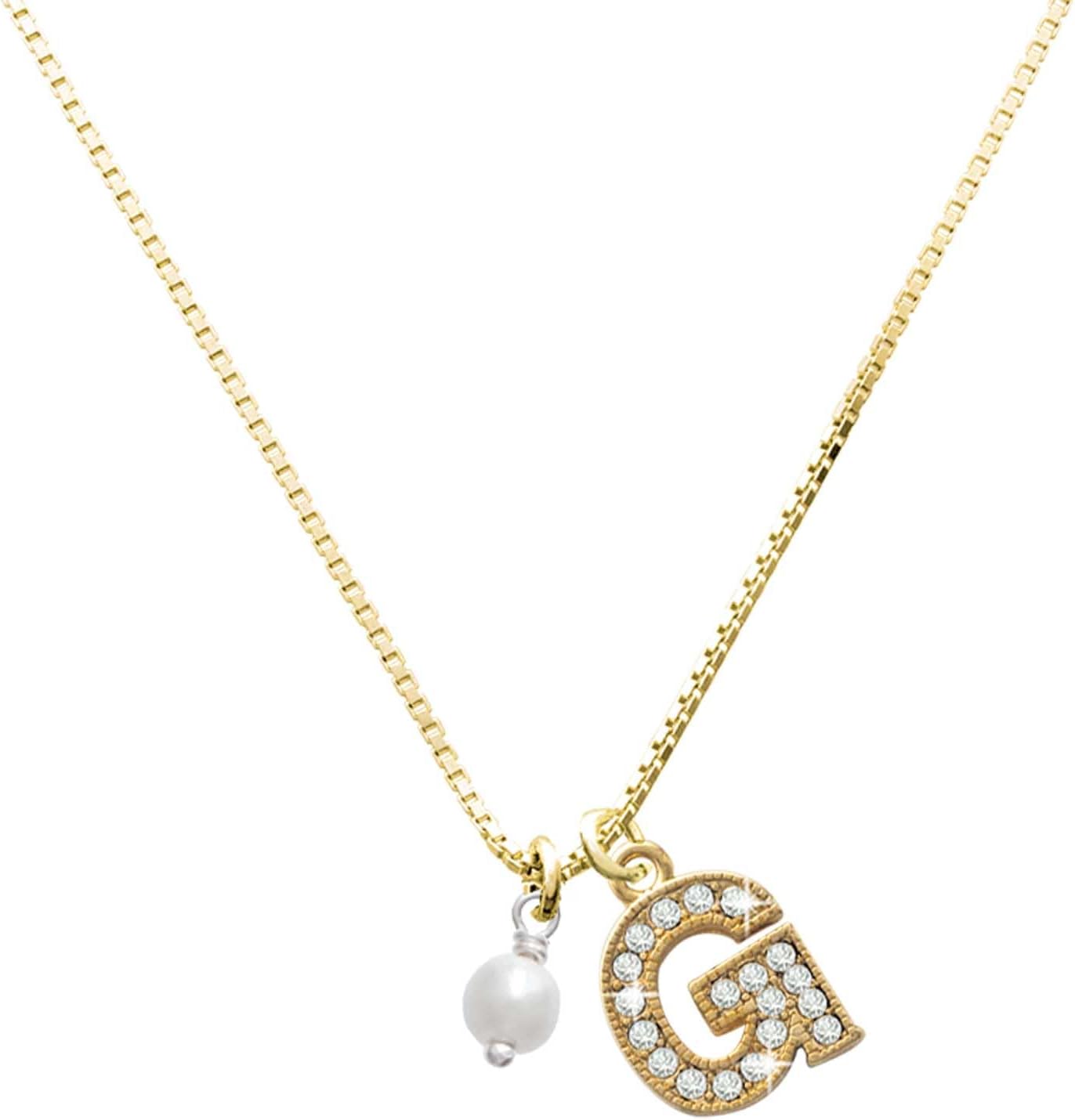 Delight Jewelry Plated 6mm Glass Imitation Pearl Bead Drop Goldtone Crystal Initial Charm Necklace, 17.5"+2" Initial G Silver - Image 1 of 4