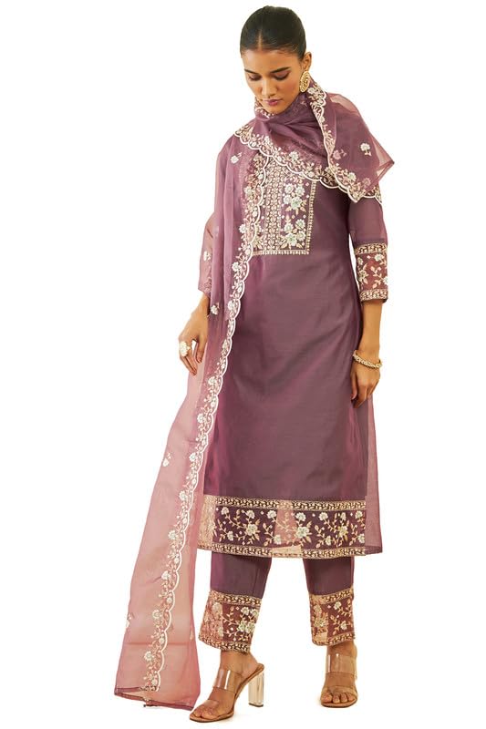 Image of Soch Womens Onion Pink Chanderi Floral Embroidered Straight Suit Set with Sheer Panels