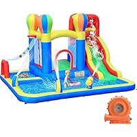 Ballsea Bouncy Castle, Inflatable Bounce House Water Slide with Surprise Dump Bucket, Double Splashing Pools, Climbing Wall, Water Sprayers, Cannons and Blower for Kids Outdoor Indoor Play