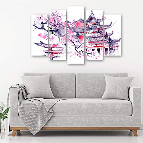 Feeby Canvas Schilderij 5-delig 100x70 Foto op Canvasdoek Abstracte Muurdecoratie Wanddecoratie Kunstprint XXL Type A Japanse Kersenboom Tempel Kersenbloesem Paars Roze - Afbeelding 5