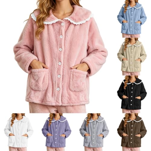 VBTAPA Pajama Set Women Bed Jackets for Women Cozy Fleece Long Sleeve Lounge Coats Fall Winter Lightweight Button Cardigan With Pockets 2026 Pink M - image 1