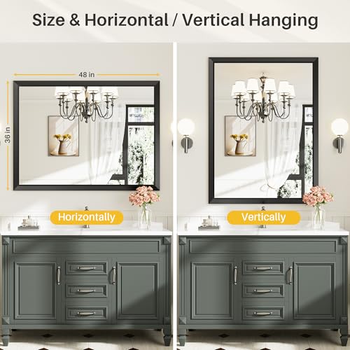 48x36 Inch Black Bathroom Mirror for Wall, Thick Metal Framed Rectangle Mirrors for Over Sink, Bedroom, Living Room, Entryway, Anti-Rust, HD Tempered Glass