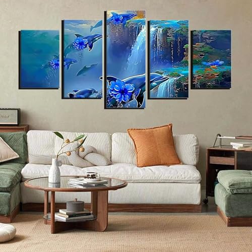 Kit 5D Diamond Painting cascade et dauphin : 5 broderies diamant complètes XXL 225x110cm