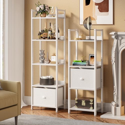 image for Furologee 5 Tier Bookshelf with Drawer, Tall Narrow Bookcase with Shel