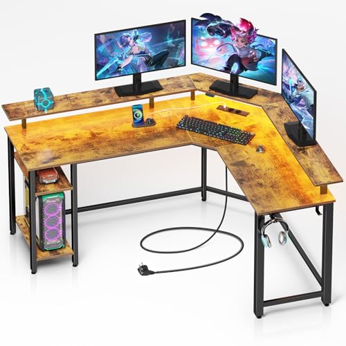 Rolanstar Bureau Gaming d'angle en L avec LED, Prises et Ports USB, 135 x 118 cm, Table d'Ordinateur avec Support Écran, Rangement et 2 Crochets, Bureau...