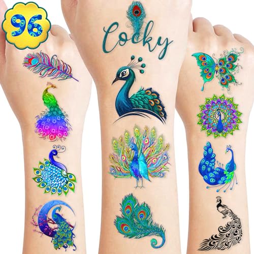 96PCS Pre-Cut Peacock Temporary Tattoos | Diwali Indian Blue-Themed Stickers for Kids' Birthday Party Supplies, Decorations, Favors, and Prizes - Cute Gifts for Boys and Girls