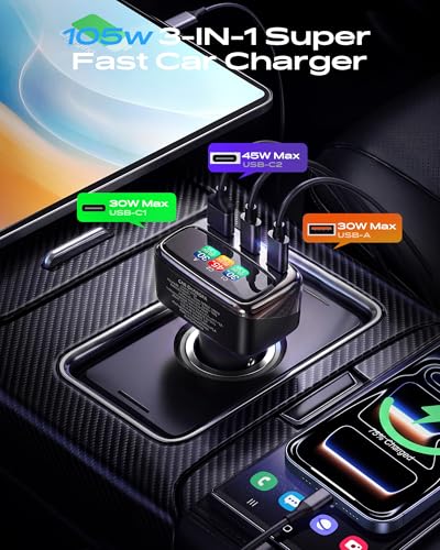 Image of 105W USB C Car Charger with Digital Color Display, 3-Port Fast Charging Cigarette Lighter Adapter for iPhone 17 /16 /15 Pro Max, Samsung S26, Travel Car Accessories Gifts for Men Women + 3FT USB-C Cable