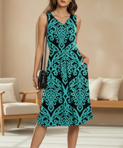 Image of NILOUFO Sleeveless Dress for Women Summer Knee Length Sundress with Pockets | Sundresses for Women Tank Empire Waist Sun Dress Cold Shoulder Casual V Neck Midi Dress Flowy Summer Dresses for Women
