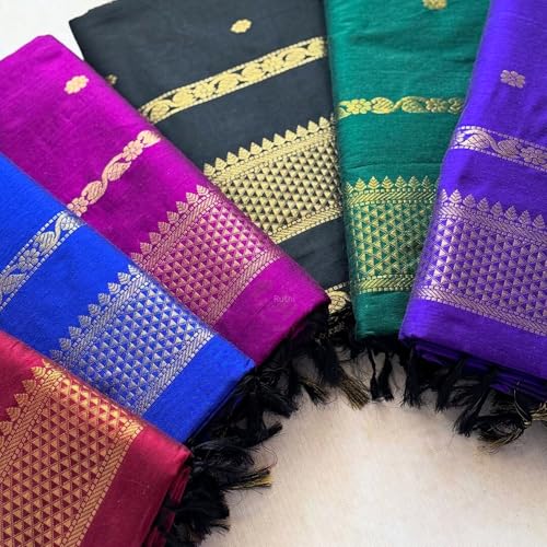 Image of DHIHA Gadwal Cotton Saree for Women | Pure Kalyani Cotton Saree with Zari Border Tassels & Blouse | Kanjivaram Linen Silk | Handloom Weave