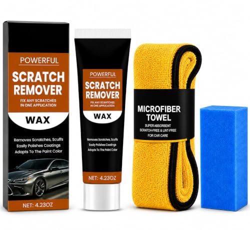 Image of Car Scratch Remover Wax Kit with Microfiber Towel & Foam Applicator Pad | Car Paint Scratch Repair Polish Compound | Removes Light Scratches, Swirl Marks & Scuffs | Restores Gloss