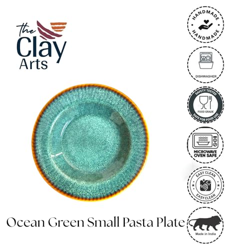 Image of Premium Pasta Plate, Ceramic Plate for Pasta, Small, Round & Deep Dish, Microwave & Dishwasher Safe, Handmade Stoneware, Elegant Tableware for Every Occasion, Ocean Blue, 7.5 Inch